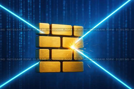 A Gleaming Gold Block Being Energized by Radiant Blue Laser Beams in a Digital Matrix, Symbolizing Innovation, Protection, and Cybersecurity in the Modern Age. Стоковое AI-изображение, AI-художник Башкирова Анна / Фотобанк Лори