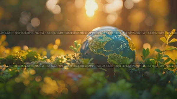 A globe placed on a vibrant green field under the open sky. Стоковое AI-видео, аниматор Данила Большаков / Фотобанк Лори