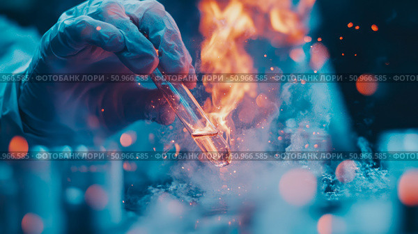 A gloved hand carefully holds a test tube exhibiting an energetic chemical reaction with flames and smoke, illustrating scientific advancement and experimental inquiry. Стоковое AI-изображение, AI-художник Данила Большаков / Фотобанк Лори