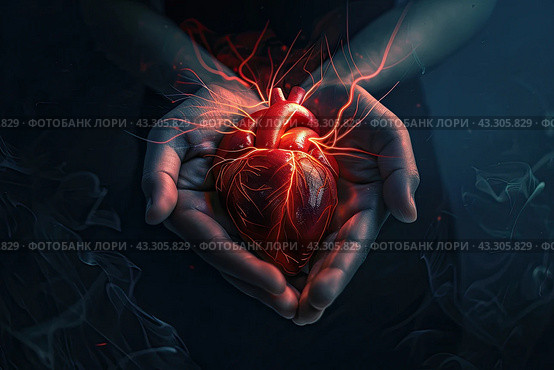 A glowing heart on a dark background in the hands of a man. The coGenerated by AI. Стоковое AI-изображение, AI-художник Ярославский Максим / Фотобанк Лори