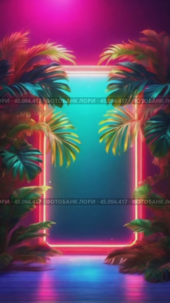 A glowing neon frame around beautiful big palm leaves, sun rays, floating luminous particles, an empty place to copy, a composition for a banner. Стоковое AI-видео, аниматор Терехова Марина / Фотобанк Лори