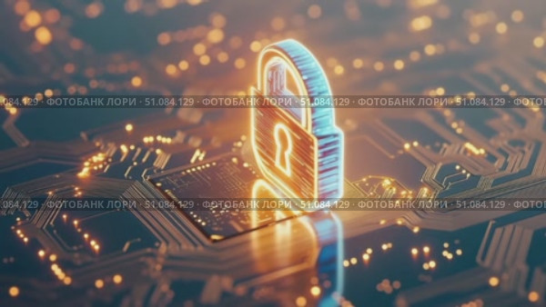 A glowing padlock symbol on a circuit board background. The design represents cybersecurity and digital protection concepts. Стоковое AI-видео, аниматор Nart / Фотобанк Лори