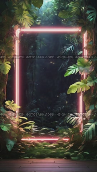 A glowing white neon frame around beautiful big palm leaves, sun rays, floating luminous particles, an empty place to copy, a composition for a banner. Стоковое AI-видео, аниматор Терехова Марина / Фотобанк Лори