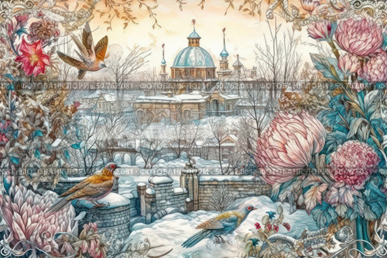 A gorgeous watercolor illustration of a winter fairytale town with a domed cathedral against a snowy landscape. The composition is framed by flowers and birds, creating the impression of a magical window into another world. Rich detailing of the architecture, castles, trees and decorative elements is reminiscent of old Christmas cards and fairy tales. The warm evening sky adds coziness and contrast to the cold palette of the snow, making the scene atmospheric and dreamy. Стоковое AI-изображение, AI-художник Анна Кривицкая / Фотобанк Лори