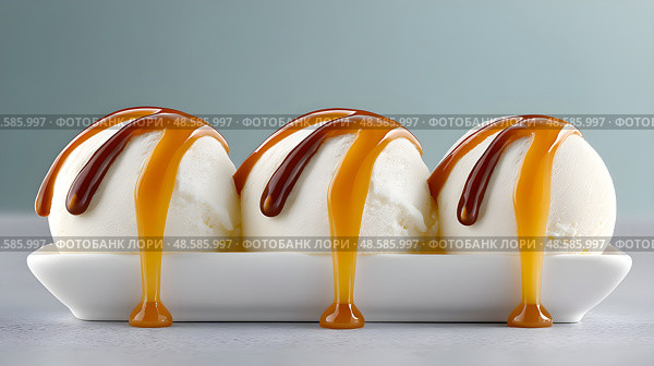 A graceful arrangement of three impeccably scooped servings of vanilla ice cream. Стоковое AI-изображение, AI-художник Наталья Синцова / Фотобанк Лори