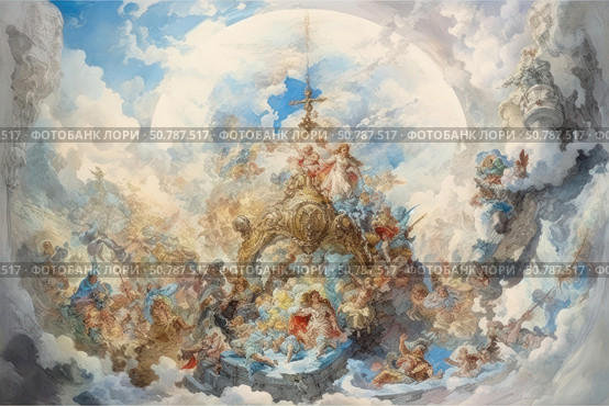 A grandiose Baroque fresco depicting a scene of heavenly ascension with a multitude of angels, warriors, muses and allegorical figures surrounded by clouds and light. The composition is full of movement and drama, built in a spiral that goes up to a shining dome. The image is reminiscent of the ceiling paintings of palaces and cathedrals in Europe in the 18th century. The color scheme is filled with soft blues, golds and pastels, emphasizing the sublimity and grandeur of the scene. Suitable for projects related to art, history, religion, classical interiors and cultural heritage. Стоковое AI-изображение, AI-художник Анна Кривицкая / Фотобанк Лори
