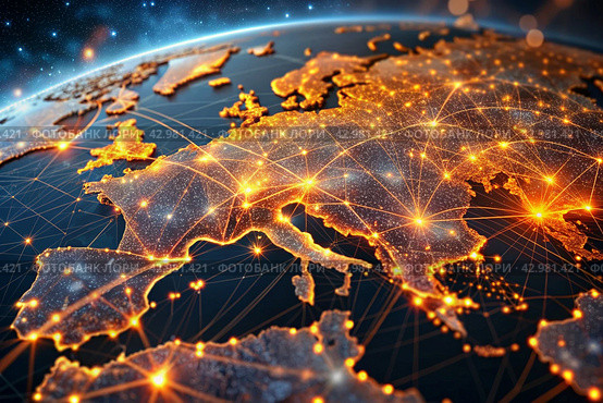 A graphical information picture of global business. Trade, tourism, electronic communication. Стоковое AI-изображение, AI-художник Photojuli / Фотобанк Лори