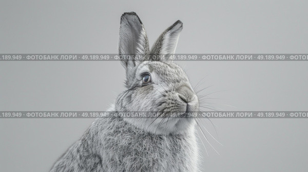 A gray rabbit with twitching nose and upright ears gazes up at the sky, curious about its surroundings. Стоковое AI-изображение, AI-художник Данила Большаков / Фотобанк Лори
