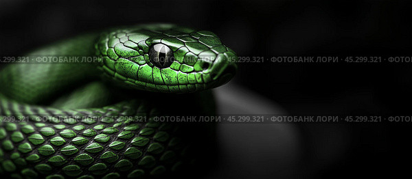 A green snake on a black background with free space for text. Стоковое AI-изображение, AI-художник Елена Зубкова / Фотобанк Лори