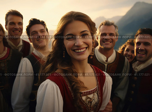 A group of Austrians in national dress. Стоковое AI-изображение, AI-художник Кирилл Черезов / Фотобанк Лори
