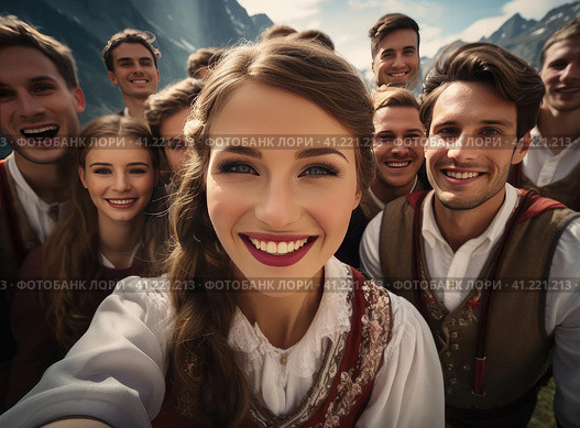 A group of Austrians in national dress. Стоковое AI-изображение, AI-художник Кирилл Черезов / Фотобанк Лори