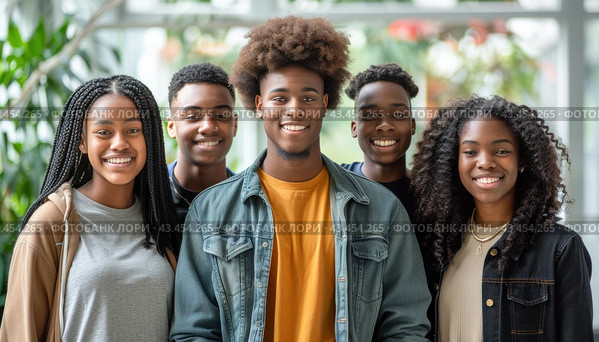 A group of happy young individuals standing close together, smiling, and posing for a photograph. Стоковое AI-изображение, AI-художник Юрий Поздников / Фотобанк Лори