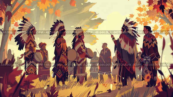A group of Indigenous dancers in traditional attire engage in a ceremonial gathering surrounded by colorful autumn leaves and drumming. Стоковое AI-изображение, AI-художник Данила Большаков / Фотобанк Лори