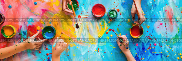A group of individuals are actively painting colorful designs on a large wall in an urban setting, each person focused on their creative task. Стоковое AI-изображение, AI-художник Данила Большаков / Фотобанк Лори