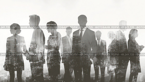 A group of people are standing in front of a city skyline. Стоковое AI-изображение, AI-художник Ярославский Максим / Фотобанк Лори