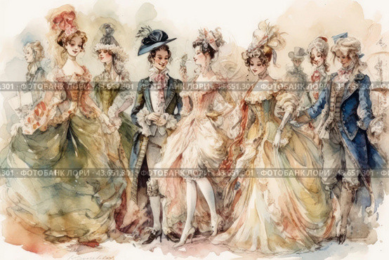 A group of people dressed in luxurious baroque costumes. Men and women wear elegant dresses and suits with an abundance of lace, ruffles, hats and other decorative elements. The figures are positioned in a relaxed pose, creating an atmosphere of sophistication and solemnity. The color palette includes soft pastel colors with accents of blue, pink, green and beige. The entire drawing is done in watercolor, which gives it lightness and airiness. Стоковое AI-изображение, AI-художник Анна Кривицкая / Фотобанк Лори