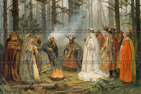 A group of people in medieval clothes gathered around a fire in the forest. All stage participants are dressed in rich and colorful outfits, decorated with complex patterns and details. The center of attention is a man wearing a crown with horns, who probably plays the role of a priest or shaman. Around him stand men and women in long robes and capes, which emphasizes the importance and solemnity of the moment. The fire adds the atmosphere of an ancient rite or ceremony to the scene, taking place against the backdrop of a dense forest. Стоковое AI-изображение, AI-художник Анна Кривицкая / Фотобанк Лори