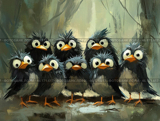 A group of seven funny sparrows with comically frightened or surprised expressions on their faces. Their large bulging eyes and ruffled feathers create a sense of surprise or mild panic. The painting is done in a digital painting style with imitation brush strokes, which gives it an artistic effect. The background depicts a blurred forest or dense grove, creating an atmosphere of a wild natural environment. Стоковое AI-изображение, AI-художник Анна Кривицкая / Фотобанк Лори