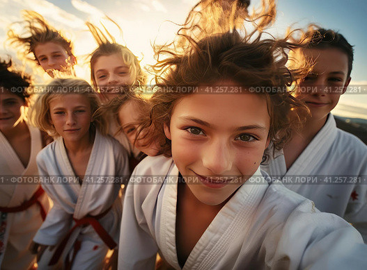A group of teenage wrestlers in a kimono. Стоковое AI-изображение, AI-художник Кирилл Черезов / Фотобанк Лори