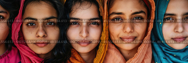 A group of women wearing headscarves and scarves are gathered together. Стоковое AI-изображение, AI-художник Данила Большаков / Фотобанк Лори
