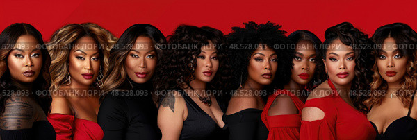 A group of women wearing striking red and black dresses, standing together in a coordinated fashion. Стоковое AI-изображение, AI-художник Данила Большаков / Фотобанк Лори