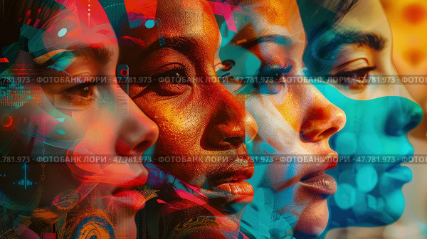 A group of women with varying skin tones stand together, showcasing diversity. Each woman has a different colored face, representing multiculturalism and inclusion. Стоковое AI-изображение, AI-художник Данила Большаков / Фотобанк Лори