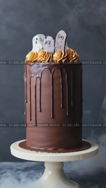 A Halloween-themed chocolate cake with orange frosting and ghost decorations. The cake features a glossy chocolate drip and is displayed on a white pedestal. Стоковое AI-видео, аниматор Nart / Фотобанк Лори