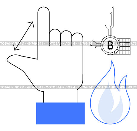 A hand gesture with a bidirectional arrow, a blockchain symbol with a Bitcoin logo, and a flame icon. Ideal for technology, cryptocurrency, blockchain, innovation, digital trends. Simple modern style. Hand Gesture with Blockchain and Flame Icons Modern Symbolism in Technology and Cryptocurrency. Стоковая иллюстрация, агентство Ingram Publishing / Фотобанк Лори