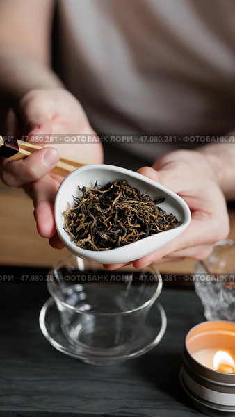 A Hand Grasping Dried Tea Leaves Against the Backdrop of a Contemporary Tea Arrangement. Стоковое фото, фотограф David Kashakhi / Фотобанк Лори