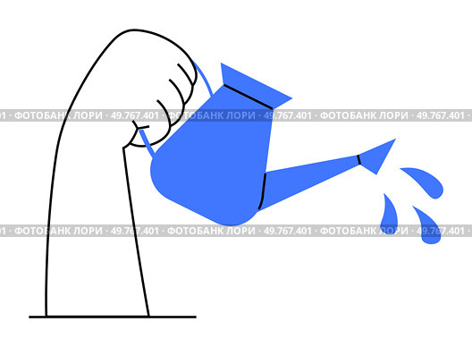 A hand holding a blue watering can with water droplets. Ideal for gardening, nurturing, sustainability, growth, and care. Minimalistic, clean, modern.. Hand Holding Blue Watering Can with Water Droplets - Concept of Growth and Care. Стоковая иллюстрация, агентство Ingram Publishing / Фотобанк Лори