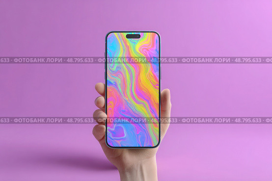 A hand holding a phone with a colorful background. Стоковое AI-изображение, AI-художник Ярославский Максим / Фотобанк Лори