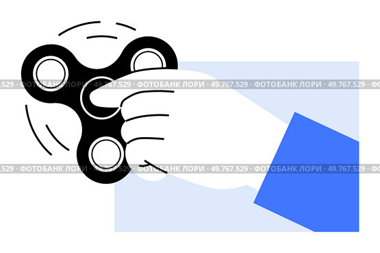 A hand spinning a black fidget spinner. Ideal for stress relief, concentration, fidgeting, relaxation, and hand toys. Modern minimal style.. Hand Holding and Spinning a Fidget Spinner, Kids Toy and Stress Reliever Concept in Modern Style. Стоковая иллюстрация, агентство Ingram Publishing / Фотобанк Лори