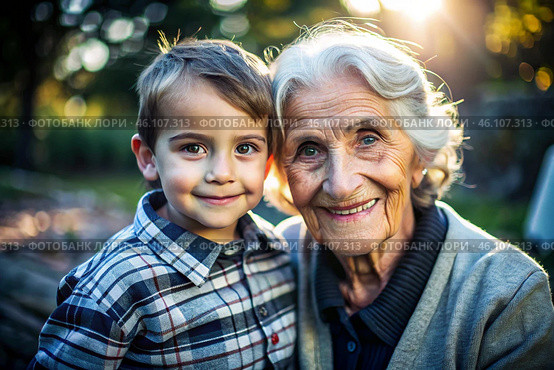 A happy family, a child and a grandmother hug on the street in the park, happy and contented. A grandmother who hugs her grandson, showing love. Стоковое AI-изображение, AI-художник Photojuli / Фотобанк Лори