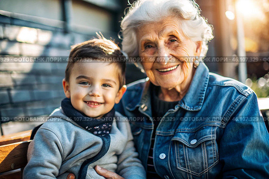 A happy family, a child and a grandmother hug on the street in the park, happy and contented. A grandmother who hugs her grandson, showing love. Стоковое AI-изображение, AI-художник Photojuli / Фотобанк Лори