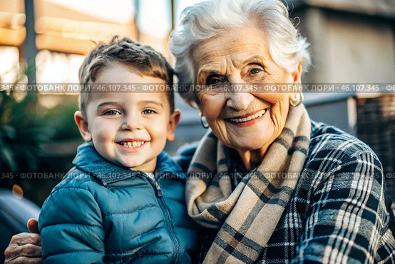 A happy family, a child and a grandmother hug on the street in the park, happy and contented. A grandmother who hugs her grandson, showing love. Стоковое AI-изображение, AI-художник Photojuli / Фотобанк Лори