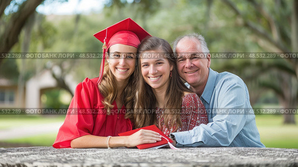 A happy graduate in red celebrates with her supportive family, embracing outdoors on a sunny day. Стоковое AI-изображение, AI-художник Данила Большаков / Фотобанк Лори