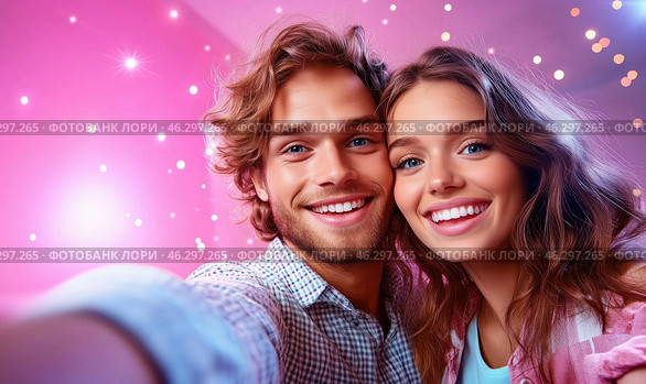 A happy young couple takes a selfie against the backdrop of bright garlands and sparkling snowflakes, conveying an atmosphere of joy, coziness and festive mood. Стоковое AI-изображение, AI-художник ArtVladZ / Фотобанк Лори