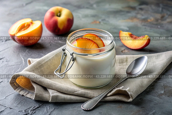 A healthy, healthy breakfast. Homemade peach yogurt with fresh peaches, vintage spoon and towel on a stylish gray background. Стоковое AI-изображение, AI-художник Photojuli / Фотобанк Лори