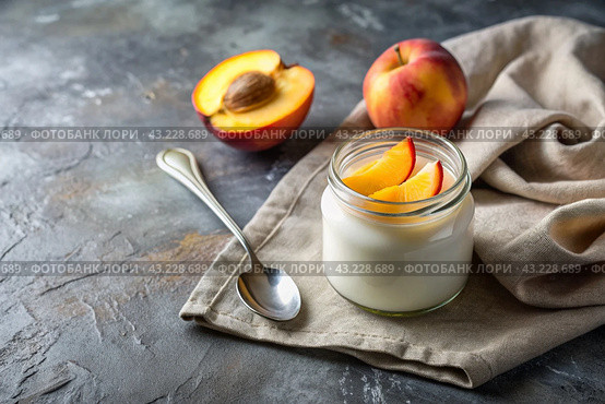 A healthy, healthy breakfast. Homemade peach yogurt with fresh peaches, vintage spoon and towel on a stylish gray background. Стоковое AI-изображение, AI-художник Photojuli / Фотобанк Лори