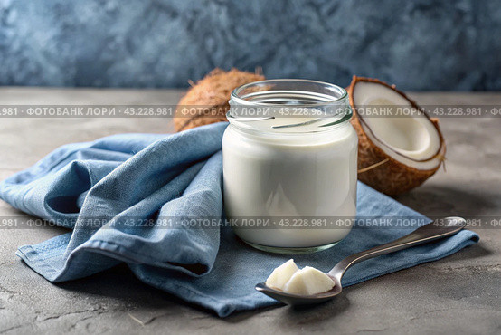 A healthy, healthy breakfast. Homemade vanilla, coconut yogurt with fresh coconut, vintage spoon and towel on a stylish gray background. Стоковое AI-изображение, AI-художник Photojuli / Фотобанк Лори