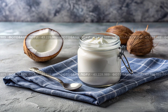 A healthy, healthy breakfast. Homemade vanilla, coconut yogurt with fresh coconut, vintage spoon and towel on a stylish gray background. Стоковое AI-изображение, AI-художник Photojuli / Фотобанк Лори