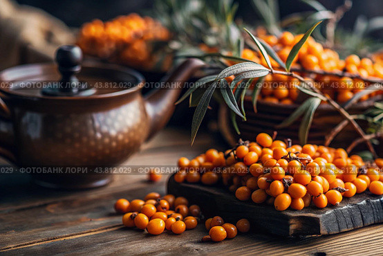A healthy, ripe sea buckthorn berry in close-up. Vitamin, orange, autumn, seasonal tea made from sea buckthorn berries on a dark background. Berry tea for the immune system. Стоковое AI-изображение, AI-художник Photojuli / Фотобанк Лори
