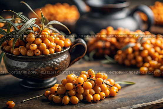 A healthy, ripe sea buckthorn berry in close-up. Vitamin, orange, autumn, seasonal tea made from sea buckthorn berries on a dark background. Berry tea for the immune system. Стоковое AI-изображение, AI-художник Photojuli / Фотобанк Лори