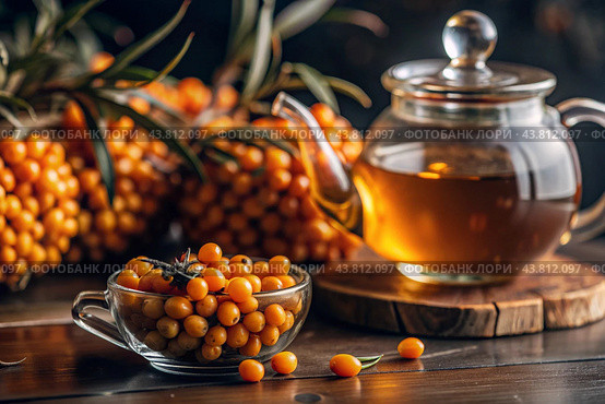 A healthy, ripe sea buckthorn berry in close-up. Vitamin, orange, autumn, seasonal tea made from sea buckthorn berries on a dark background. Berry tea for the immune system. Стоковое AI-изображение, AI-художник Photojuli / Фотобанк Лори