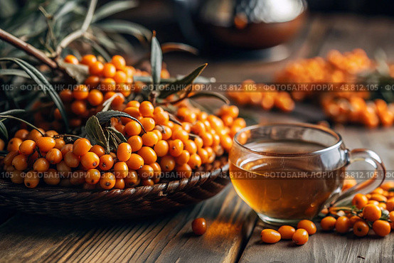 A healthy, ripe sea buckthorn berry in close-up. Vitamin, orange, autumn, seasonal tea made from sea buckthorn berries on a dark background. Berry tea for the immune system. Стоковое AI-изображение, AI-художник Photojuli / Фотобанк Лори
