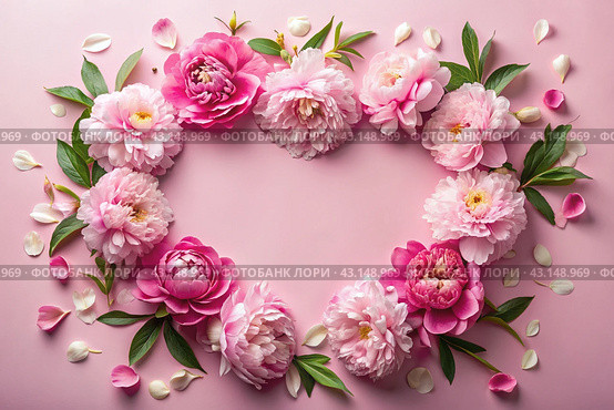 A heart-shaped frame with beautiful peony flowers on a pastel pink background. Flat layout, top view, place to copy, summer flowers. Стоковое AI-изображение, AI-художник Photojuli / Фотобанк Лори
