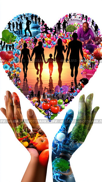 A heart with people and food in it. Стоковое AI-изображение, AI-художник Ярославский Максим / Фотобанк Лори