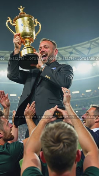 A heartwarming moment of a rugby team lifting their coach in celebration, their faces filled with joy, the trophy gleaming in the arms. first prize championship. Стоковое AI-видео, аниматор Sergey Grishin / Фотобанк Лори