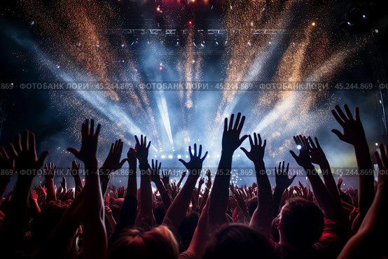 A high-energy view capturing a sea of ecstatic fans dancing and waving their hands at a rock concert, dark silhouettes of hands, highlighting the thrill of live music. Стоковое AI-изображение, AI-художник Михаил Строгалев / Фотобанк Лори