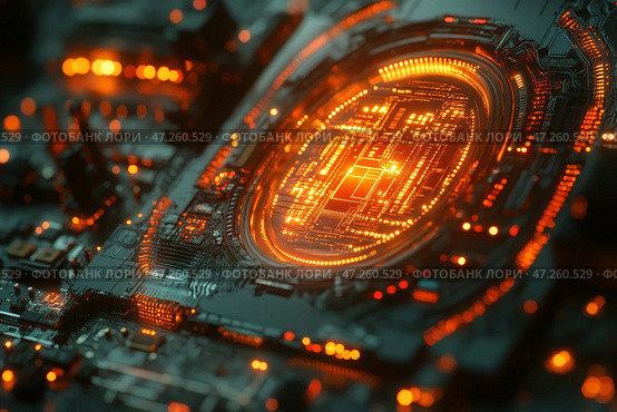A high-tech electronic circuit reminiscent of a future processor or artificial intelligence. The central element of the composition is a brightly glowing microchip, which is surrounded by complex printed conductors and components. The glowing orange-amber lines convey a sense of digital energy, data flow and computing processes.The futuristic aesthetic of the image is reminiscent of cyberpunk or science fiction, creating the impression of an ultra-advanced technology, perhaps a quantum computer or an AI system. The image symbolizes the development of the digital world, machine intelligence and computing power of the future. Стоковое AI-изображение, AI-художник Анна Кривицкая / Фотобанк Лори